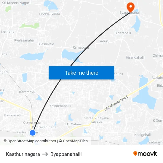 Kasthurinagara to Byappanahalli map