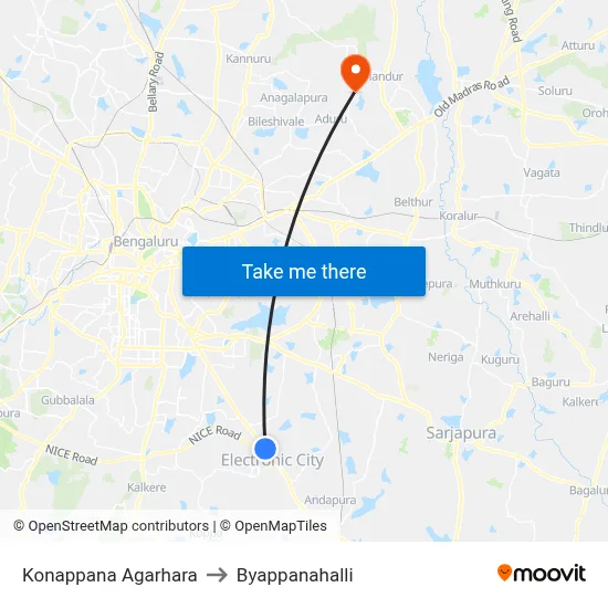 Konappana Agarhara to Byappanahalli map