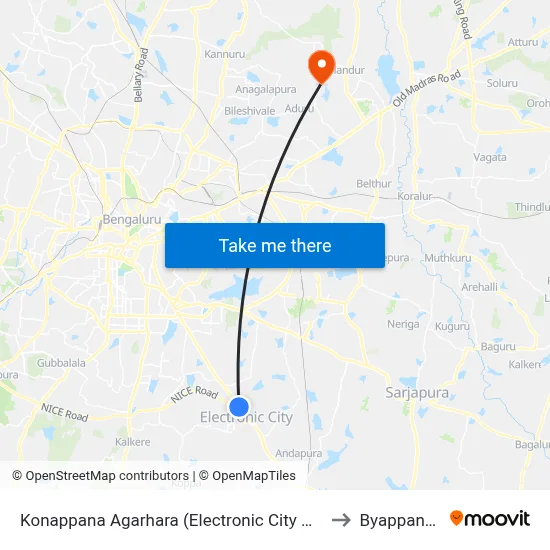 Konappana Agarhara (Electronic City Metro Station) to Byappanahalli map