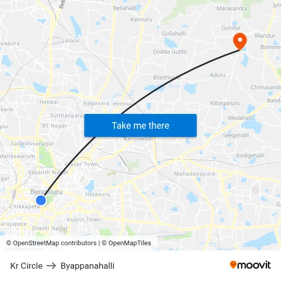 Kr Circle to Byappanahalli map