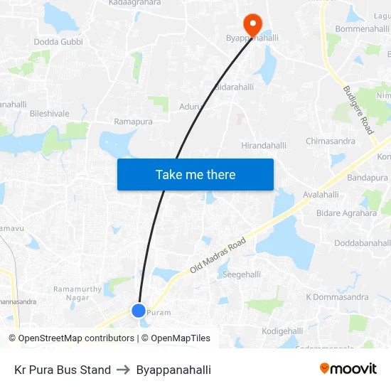 Kr Pura Bus Stand to Byappanahalli map