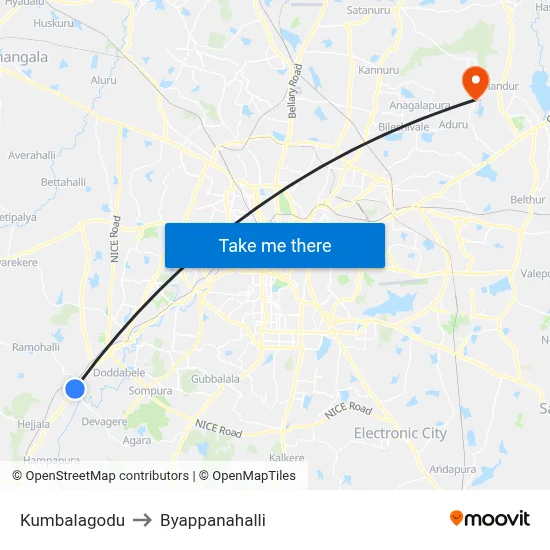Kumbalagodu to Byappanahalli map