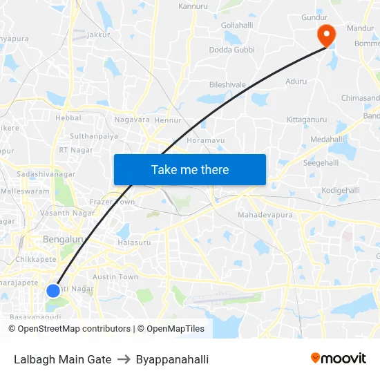 Lalbagh Main Gate to Byappanahalli map