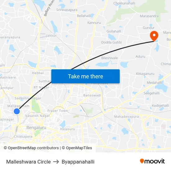 Malleshwara Circle to Byappanahalli map