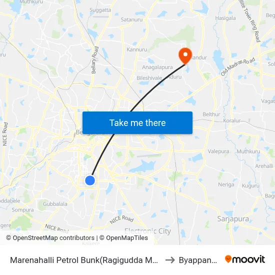 Marenahalli Petrol Bunk(Ragigudda Metro Station) to Byappanahalli map