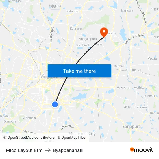 Mico Layout Btm to Byappanahalli map