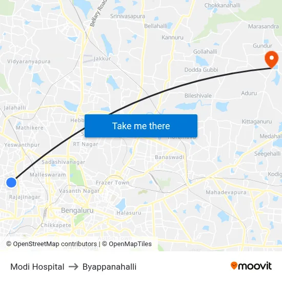 Modi Hospital to Byappanahalli map