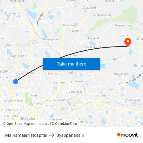 Ms Ramaiah Hospital to Byappanahalli map