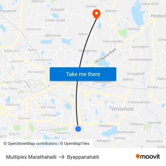 Multiplex Marathahalli to Byappanahalli map