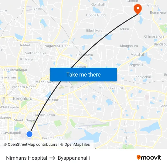 Nimhans Hospital to Byappanahalli map