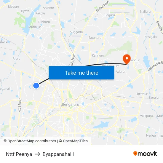 Nttf Peenya to Byappanahalli map