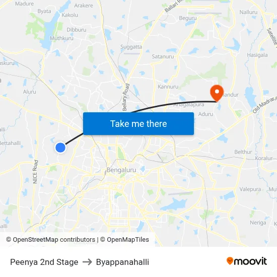 Peenya 2nd Stage to Byappanahalli map