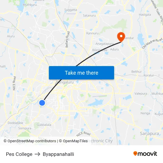 Pes College to Byappanahalli map