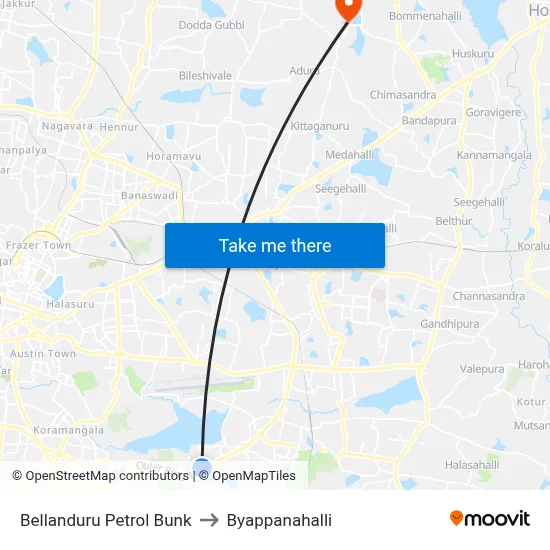 Bellanduru Petrol Bunk to Byappanahalli map
