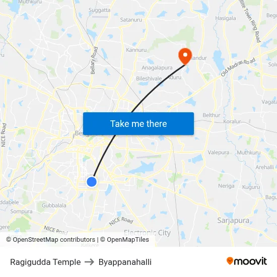 Ragigudda Temple to Byappanahalli map