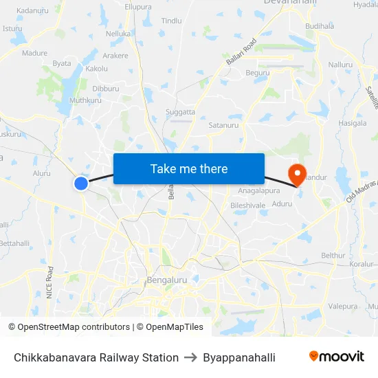 Chikkabanavara Railway Station to Byappanahalli map