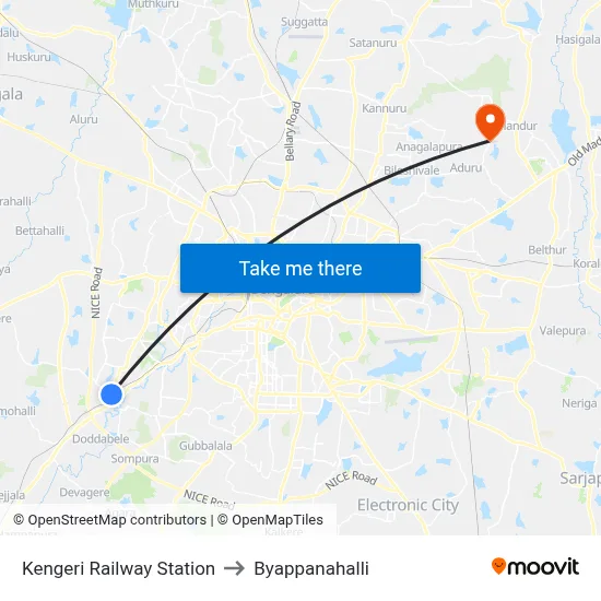 Kengeri Railway Station to Byappanahalli map