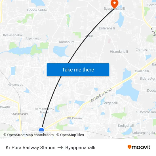 Kr Pura Railway Station to Byappanahalli map