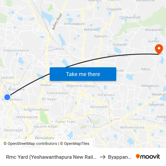 Rmc Yard (Yeshawanthapura New Railway Station) to Byappanahalli map