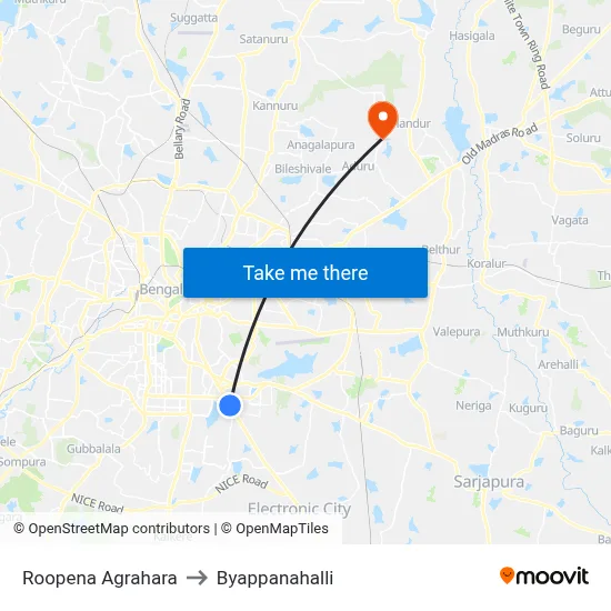 Roopena Agrahara to Byappanahalli map