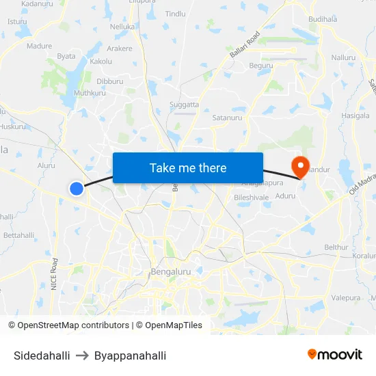 Sidedahalli to Byappanahalli map