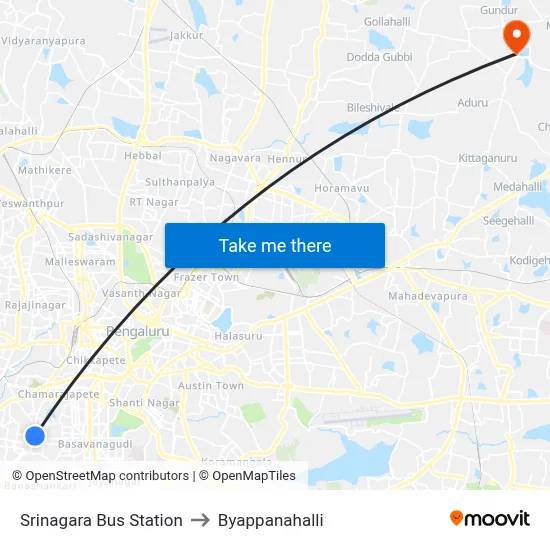 Srinagara Bus Station to Byappanahalli map