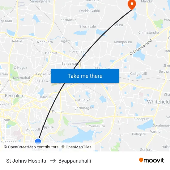 St Johns Hospital to Byappanahalli map
