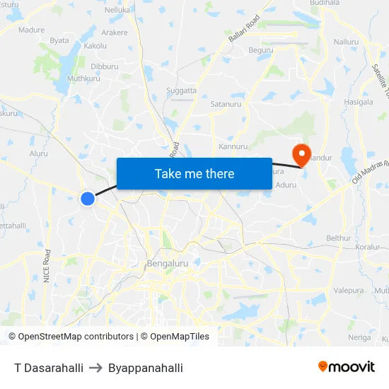 T Dasarahalli to Byappanahalli map