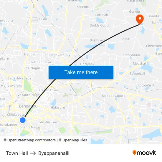 Town Hall to Byappanahalli map