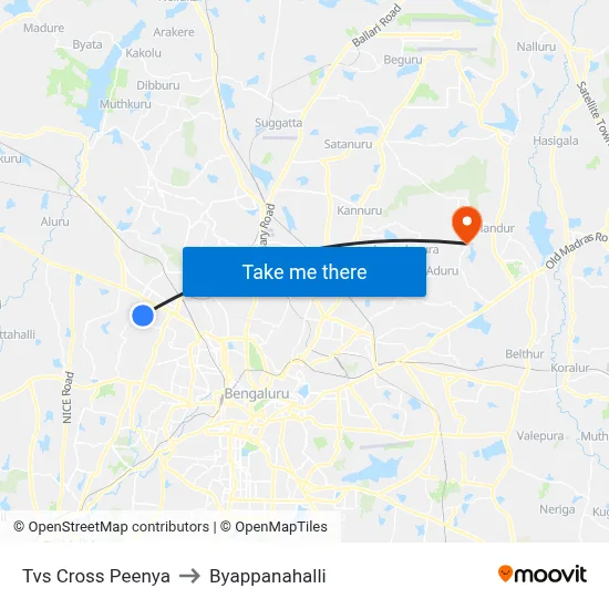 Tvs Cross Peenya to Byappanahalli map