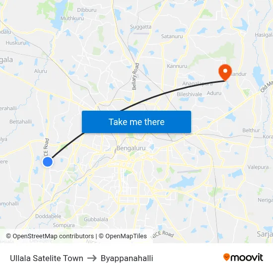 Ullala Satelite Town to Byappanahalli map