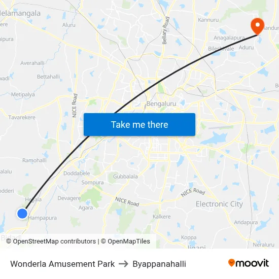 Wonderla Amusement Park to Byappanahalli map