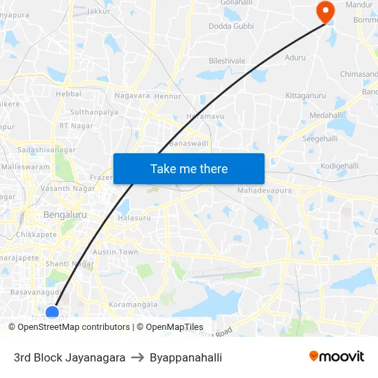3rd Block Jayanagara to Byappanahalli map