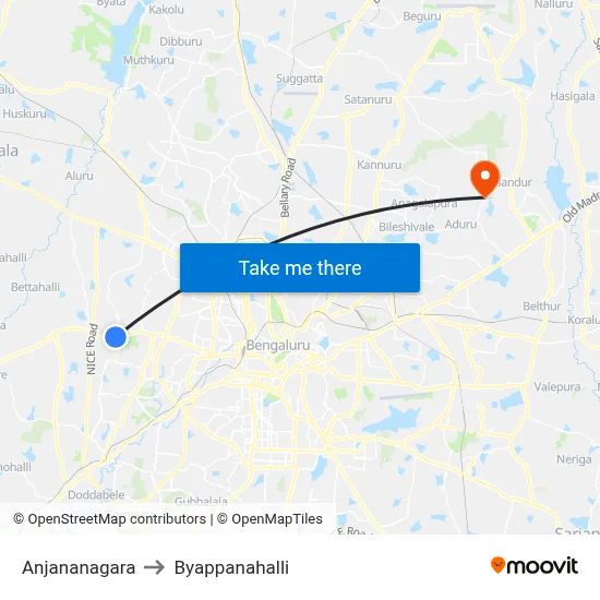 Anjananagara to Byappanahalli map