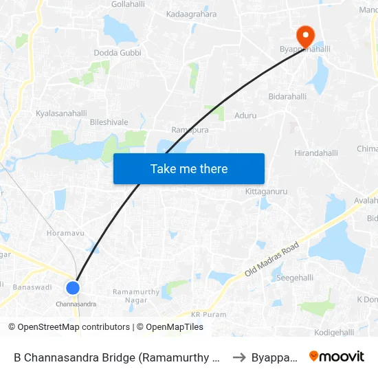 B Channasandra Bridge (Ramamurthy Nagara Ring Road) to Byappanahalli map