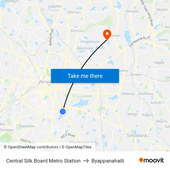 Central Silk Board Metro Station to Byappanahalli map