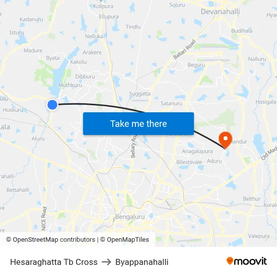Hesaraghatta Tb Cross to Byappanahalli map