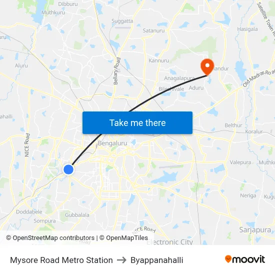 Mysore Road Metro Station to Byappanahalli map