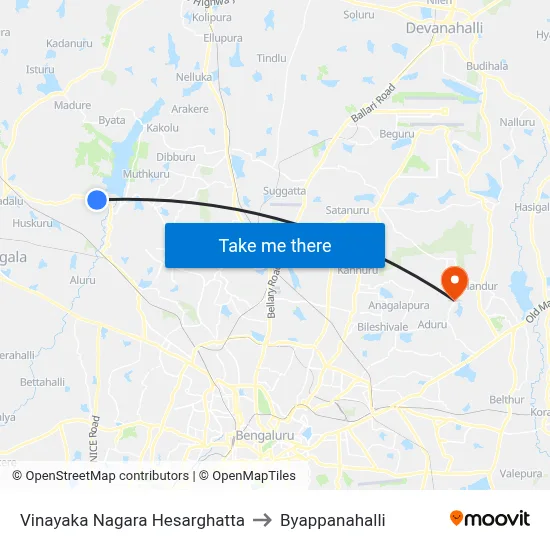 Vinayaka Nagara Hesarghatta to Byappanahalli map