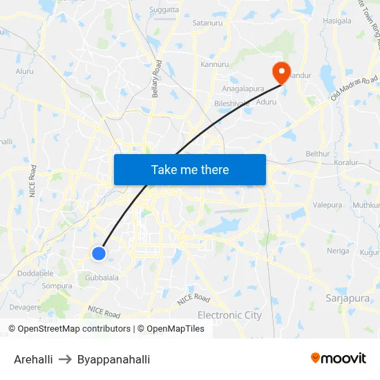 Arehalli to Byappanahalli map