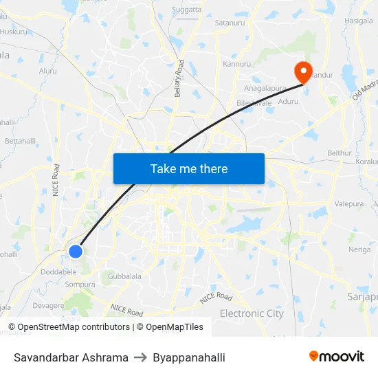 Savandarbar Ashrama to Byappanahalli map