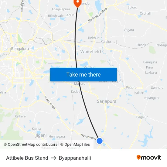 Attibele Bus Stand to Byappanahalli map