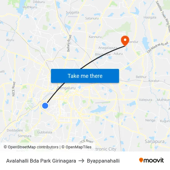 Avalahalli Bda Park Girinagara to Byappanahalli map