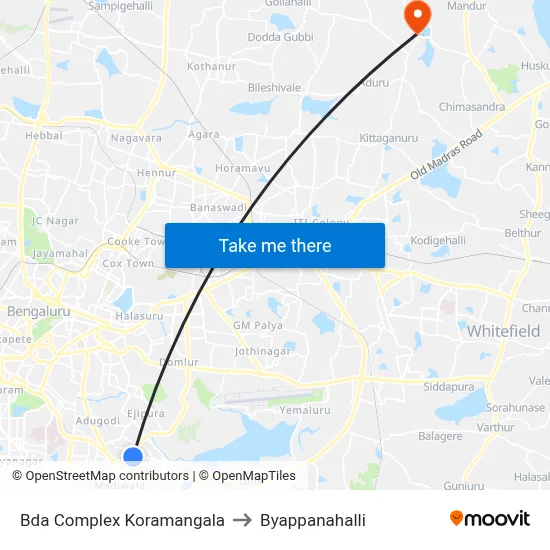 Bda Complex Koramangala to Byappanahalli map