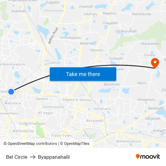 Bel Circle to Byappanahalli map