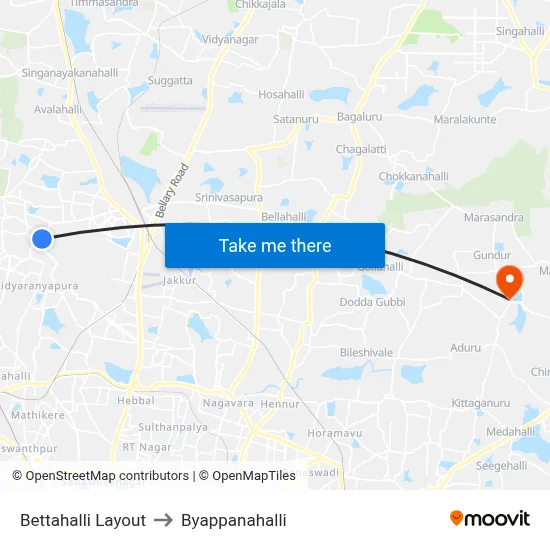 Bettahalli Layout to Byappanahalli map