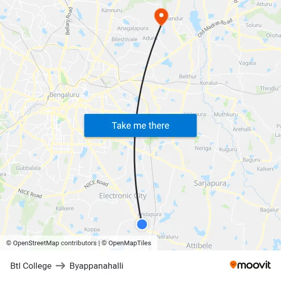 Btl College to Byappanahalli map