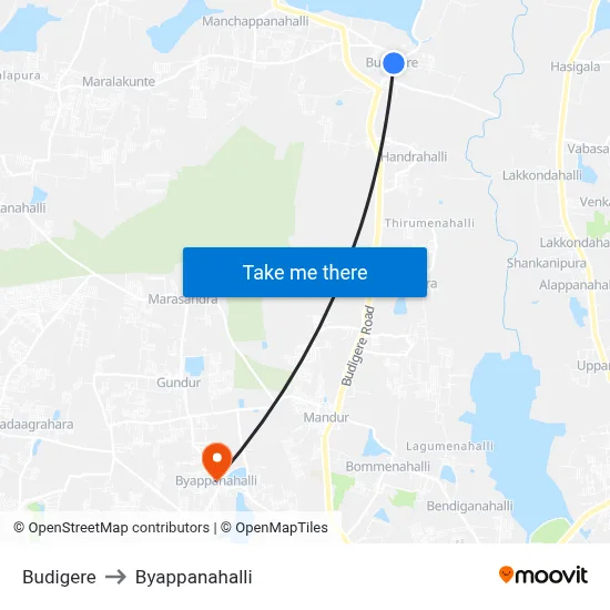 Budigere to Byappanahalli map