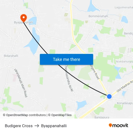 Budigere Cross to Byappanahalli map