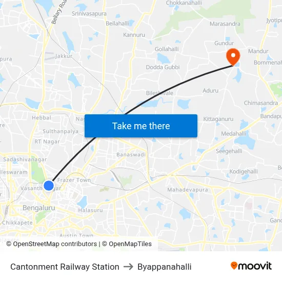 Cantonment Railway Station to Byappanahalli map